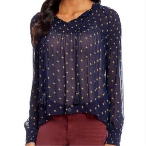 Lucky Brand Blue and Gold Star Smocked Long Sleeve Blouse